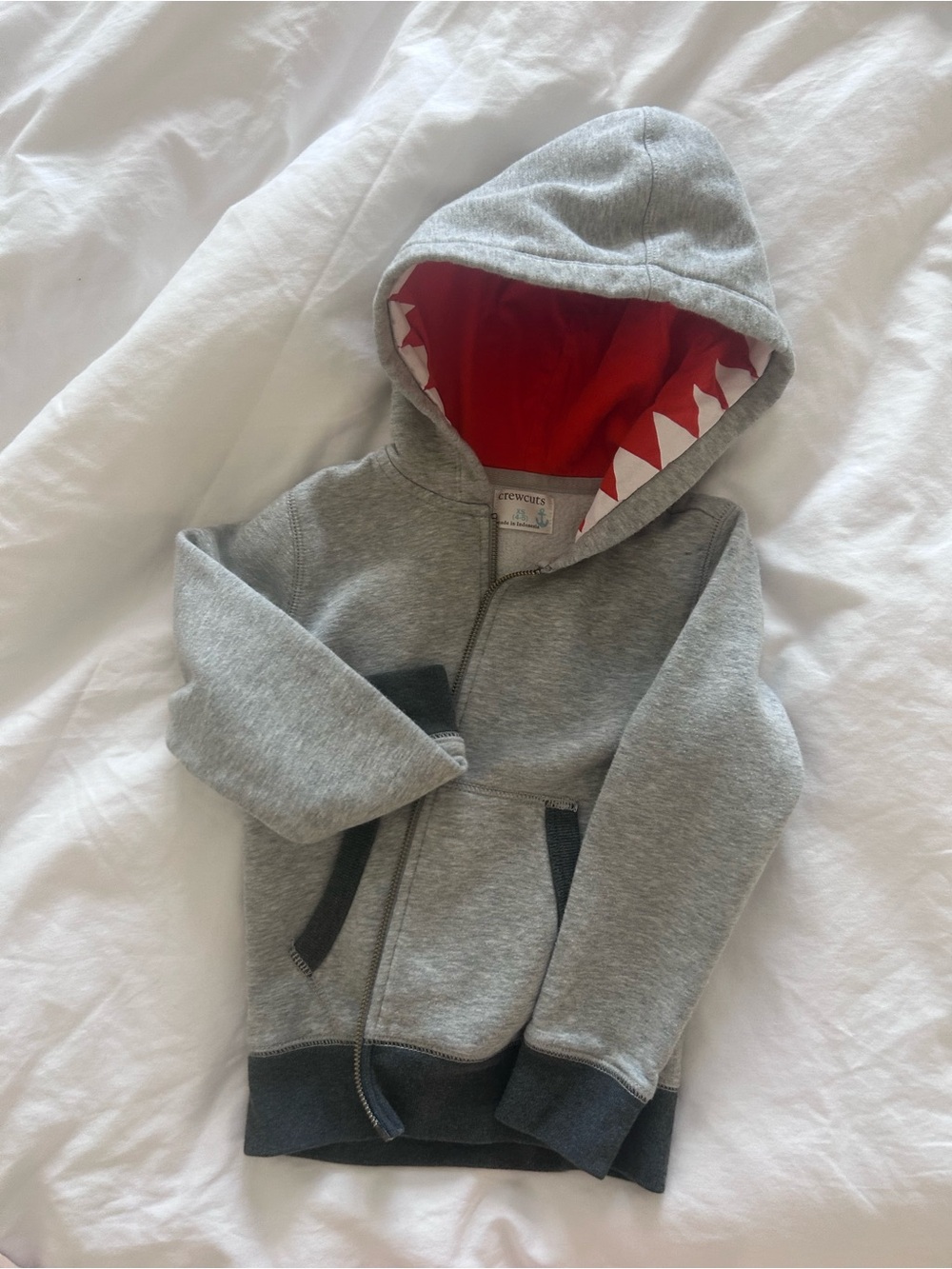 Crewcuts Gray Hoodie with Red Lined Hood and White Shark Teeth